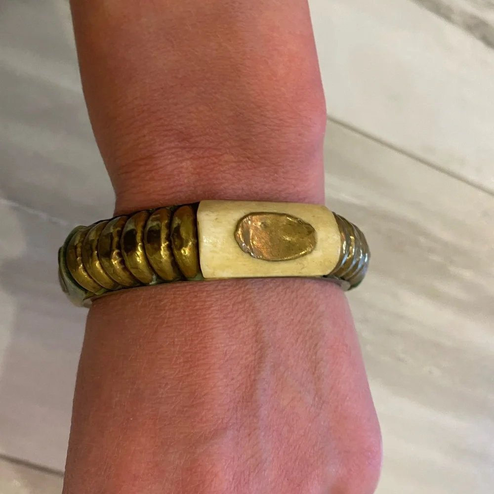 Vintage Brass Bangle Bracelet with Faded Green and Off White Accents